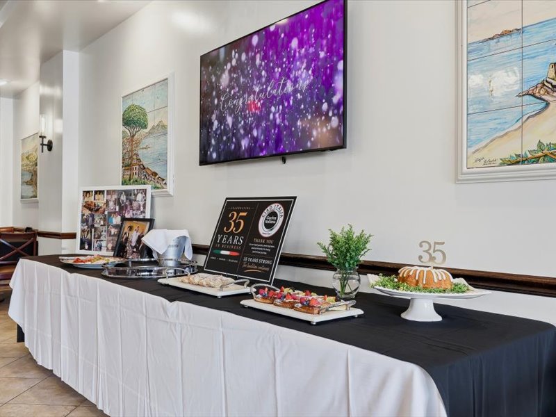 Milestone birthday buyout at Ciao Italia Orlando — celebration setup with cake, 35 years anniversary signage, TV display and full dining room