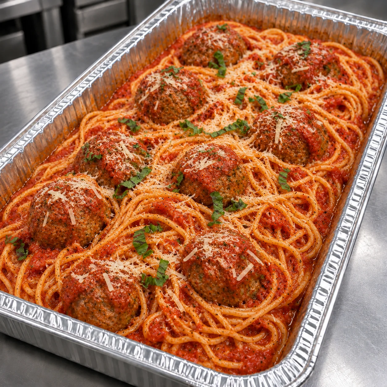 Spaghetti and meatballs catering tray from Ciao Italia Orlando