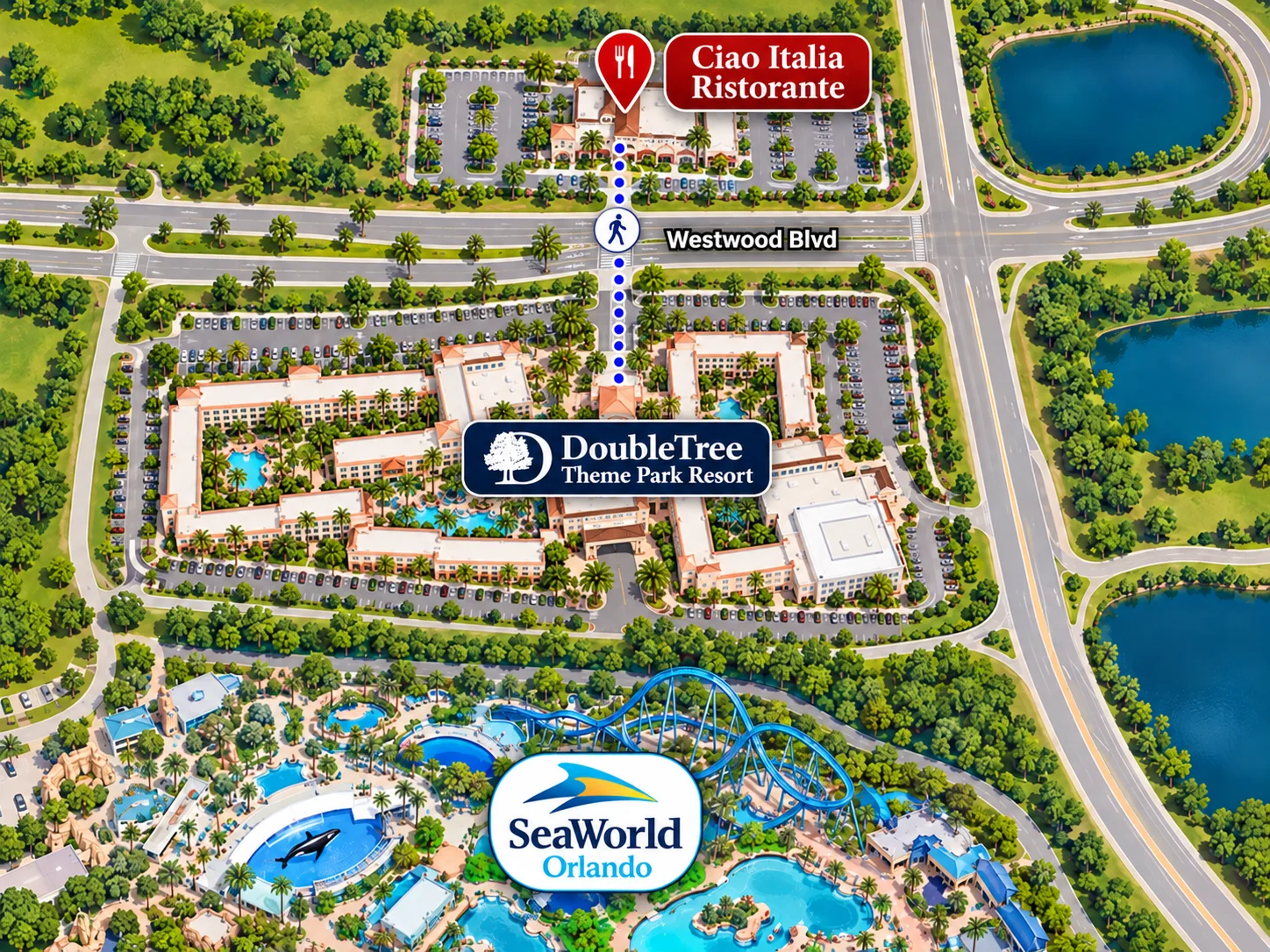 Walking route from DoubleTree Orlando Theme Park Resort to Ciao Italia Ristorante — directly across the street